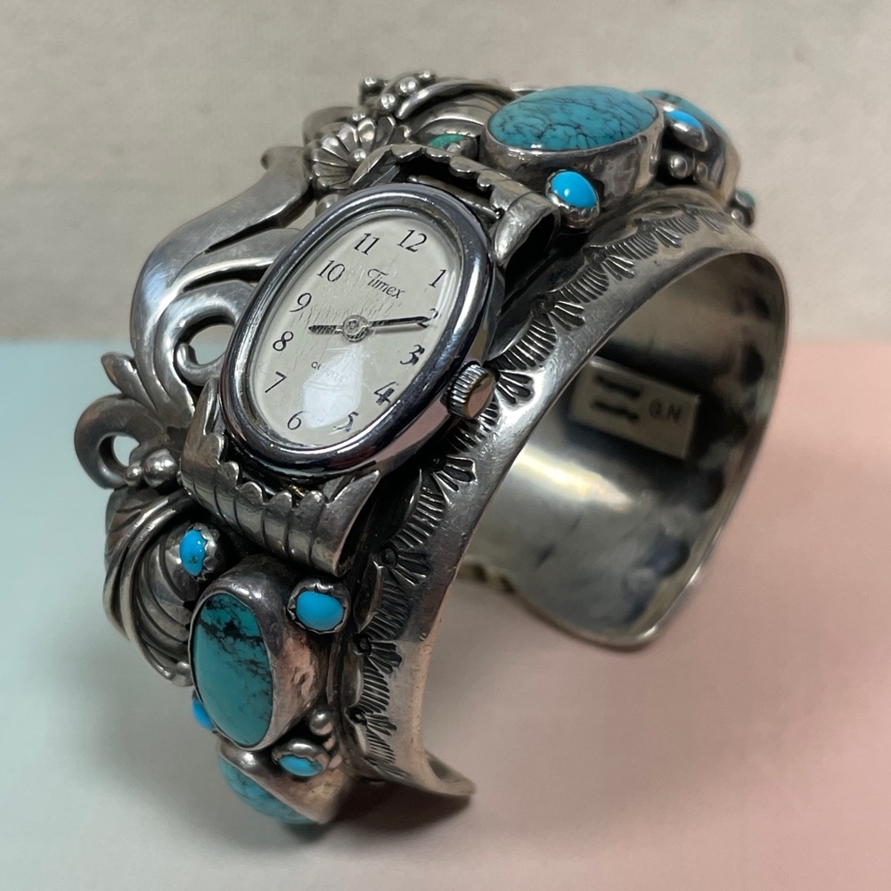 Native American Sterling Silver Turquoise Decorative Bangle Bracelet Watch - Picture 9 of 15